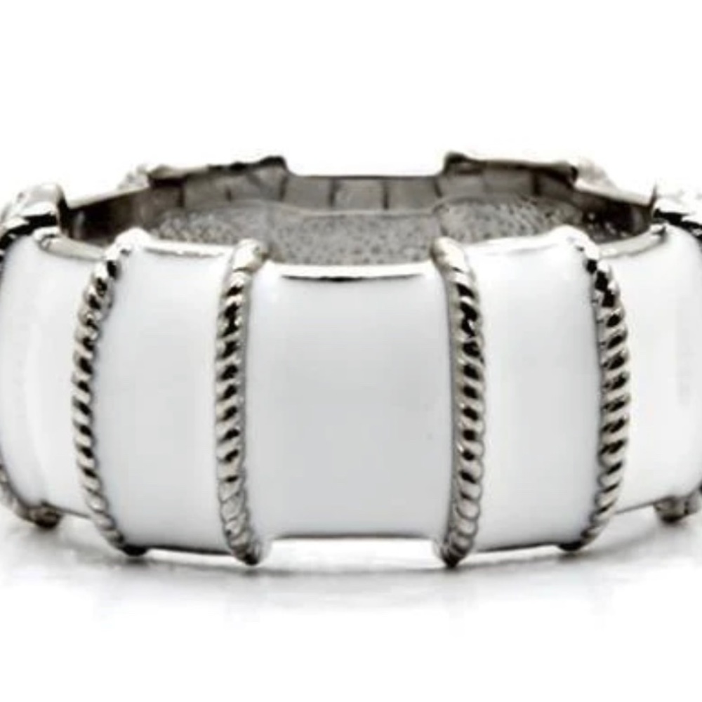 Off-White Enamel Silver-Trim Ring - Elegant Women's Band - Picture 2 of 9